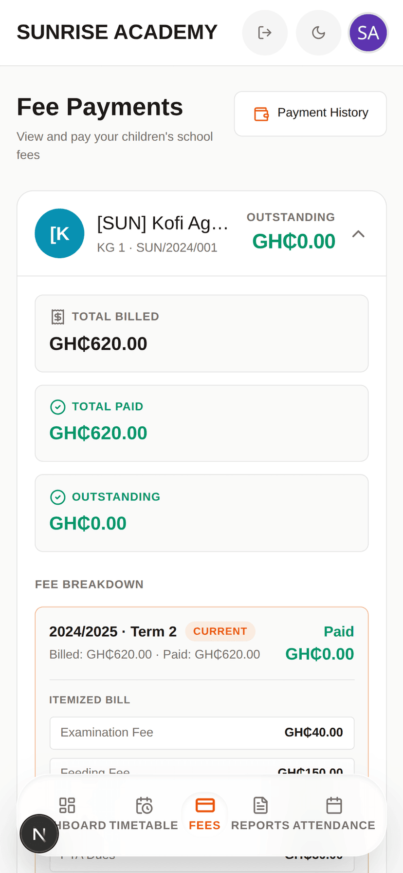 Fee structure on mobile